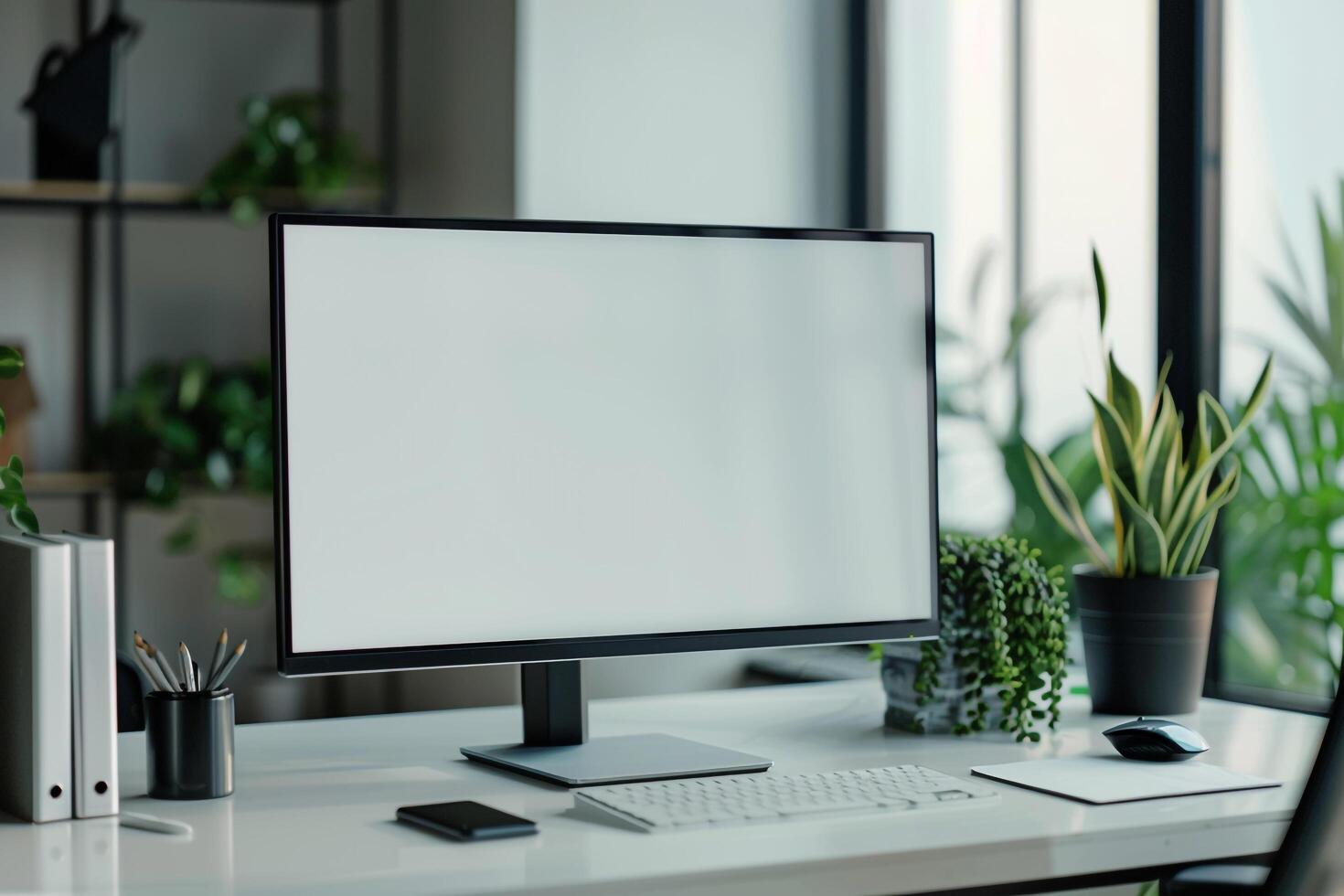 Computer Mockup Background on a White Desk with Study Materials Nearby Concentrated Computer Background photo