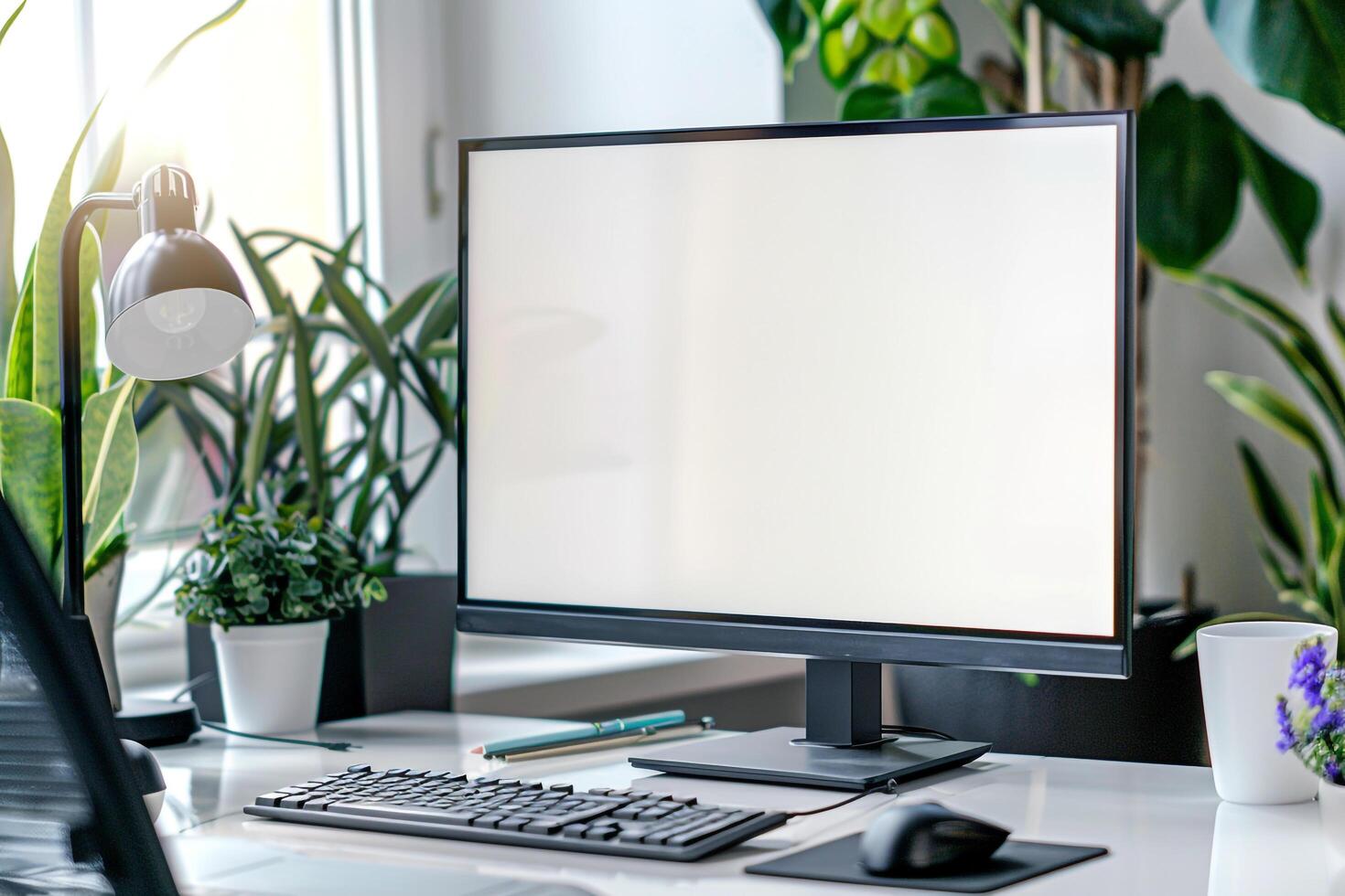 Computer Mockup Background on a White Desk with Study Materials Nearby Concentrated Computer Background photo