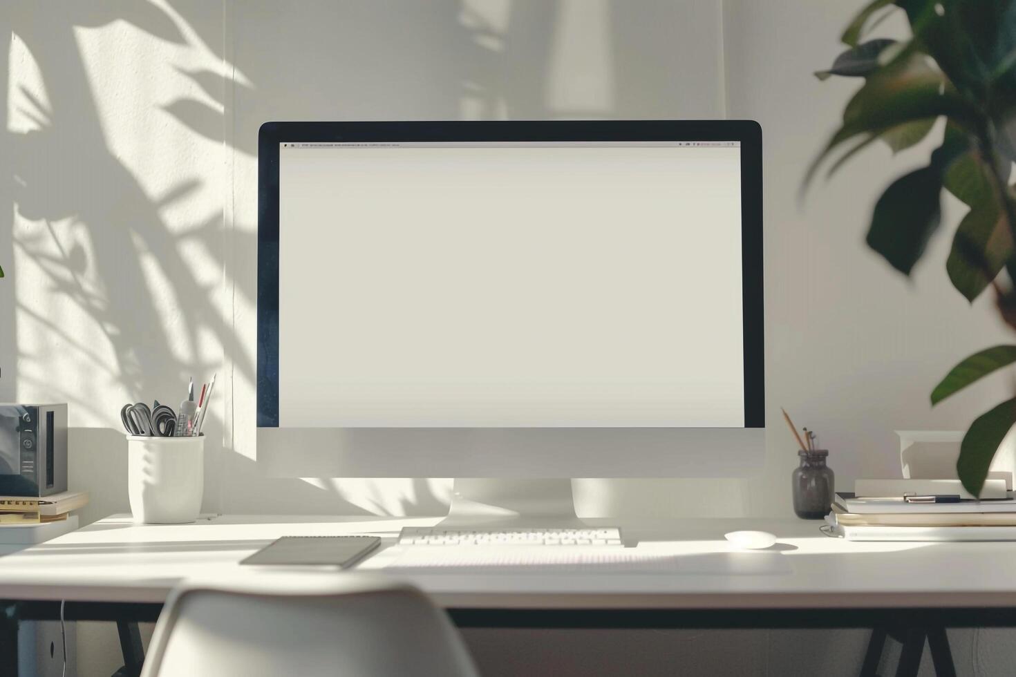 ed Study Desk with Computer Mockup and Study Materials on White Surface photo