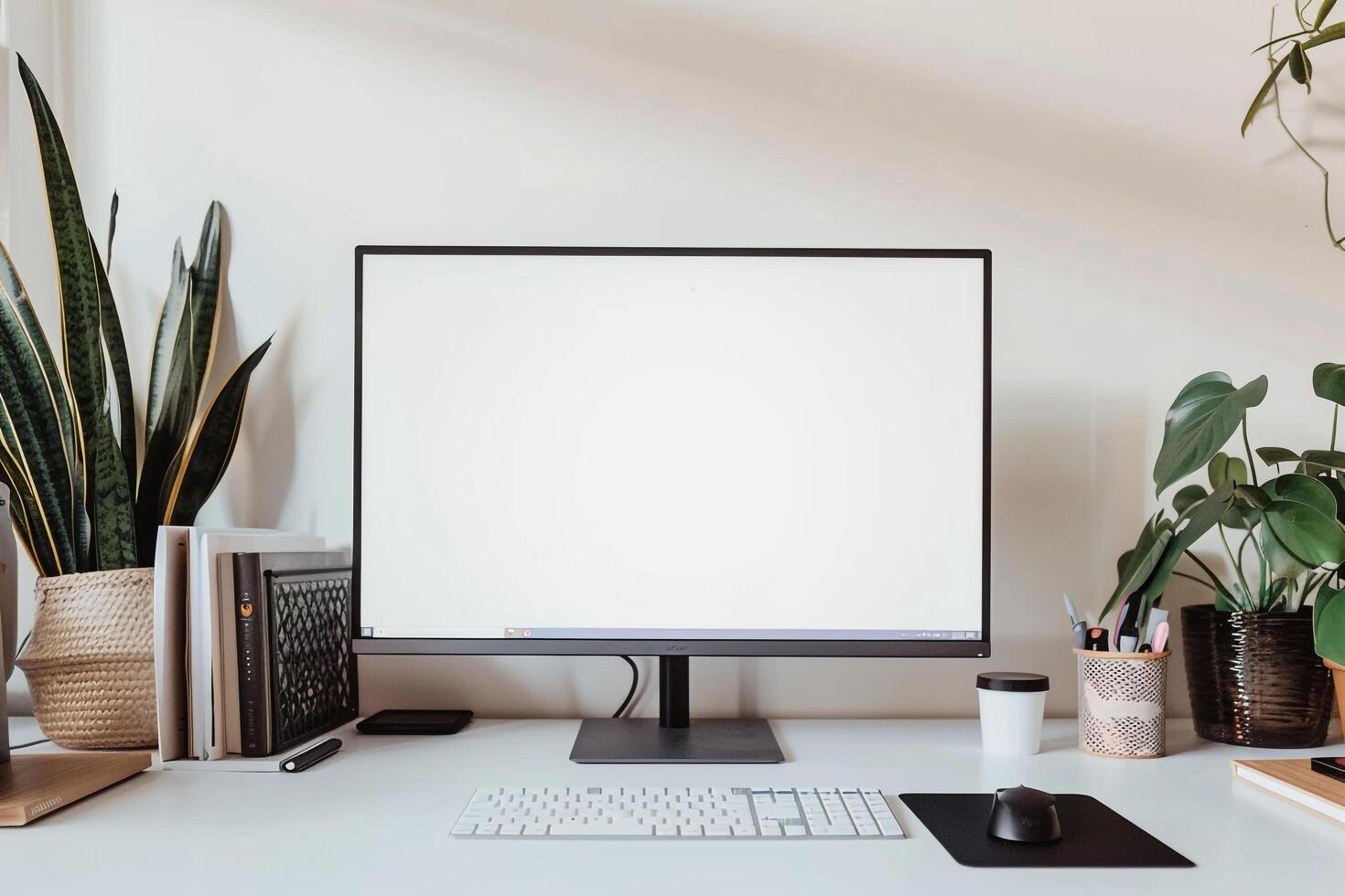 White Desk with Computer Mockup and Study Materials ed Workspace Setup Background photo