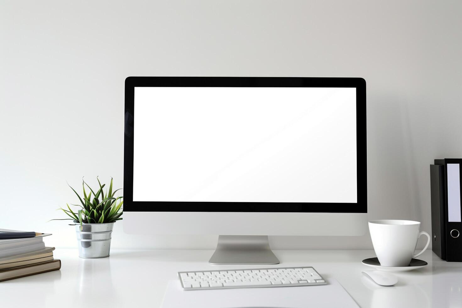 Concentrated Study Desk with Computer Mockup and Nearby Study Materials on White Surface photo