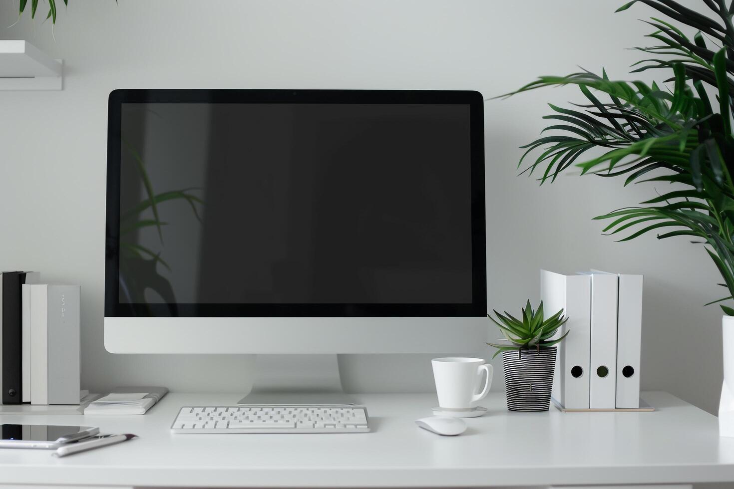 Computer Mockup Background on White Desk with Study Materials ed Workspace Area photo