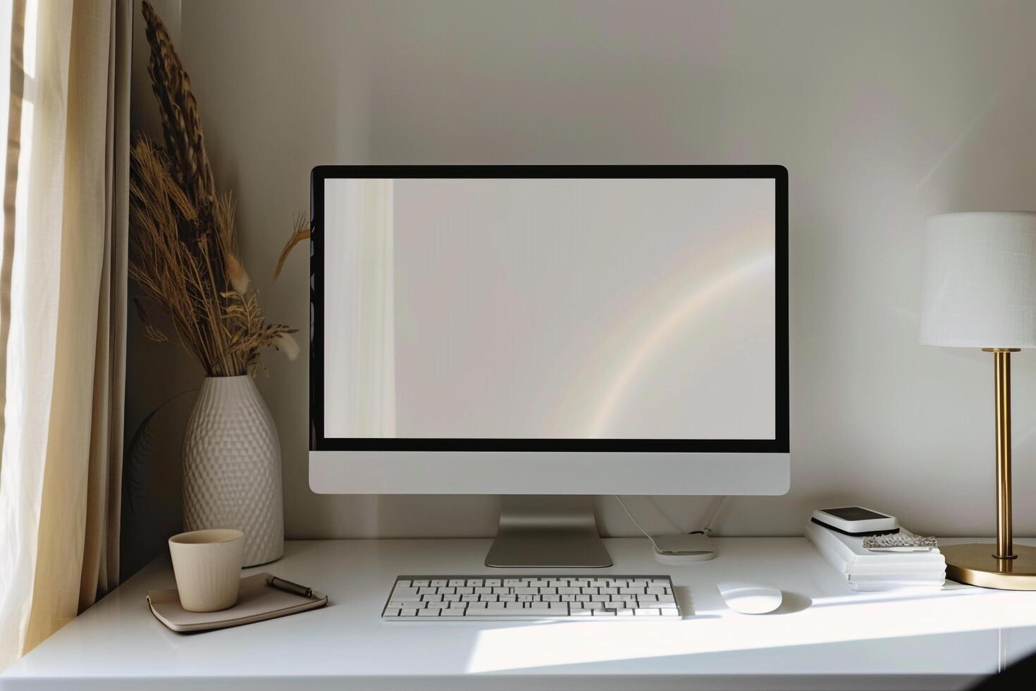Computer Mockup on White Desk with Study Materials ed Study Environment Setup photo