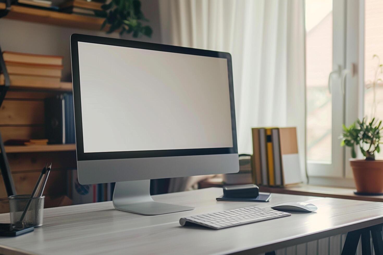 Computer Mockup with Study Materials on White Desk Concentrated Study Workspace photo
