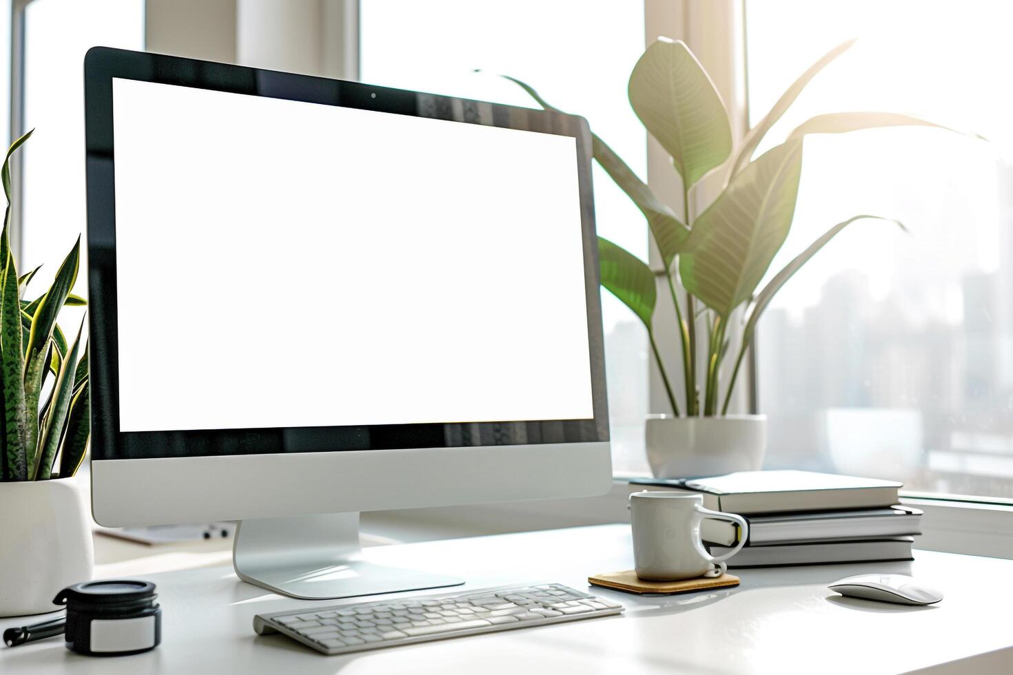 White Desk with Computer Mockup and Study Materials Concentrated Study Background photo
