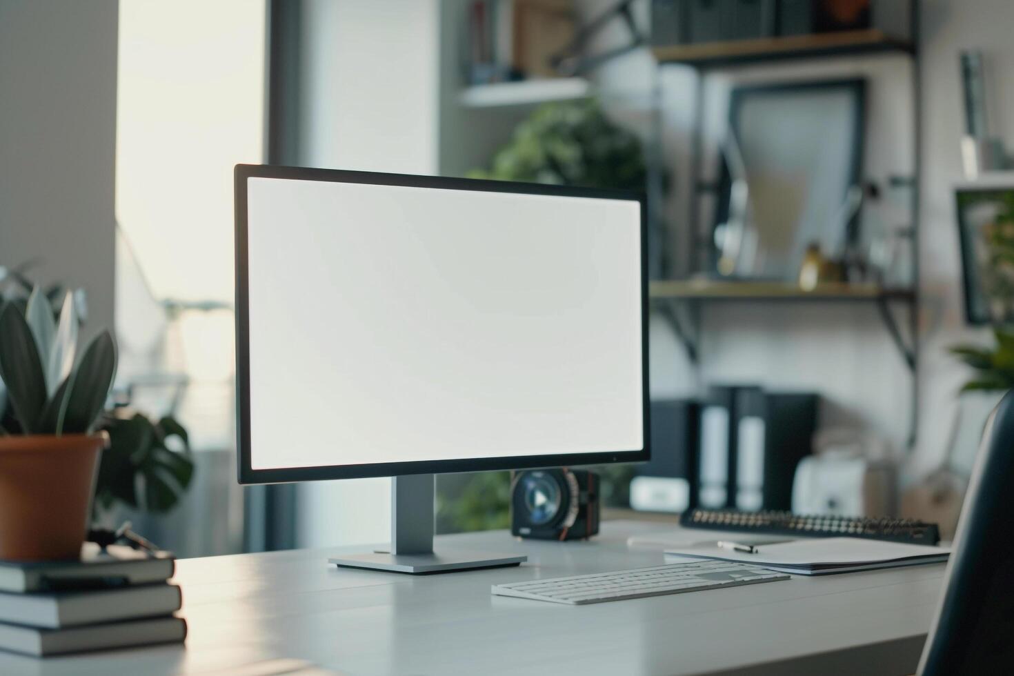 White Desk with Computer Mockup and Study Materials Concentrated Study Environment photo
