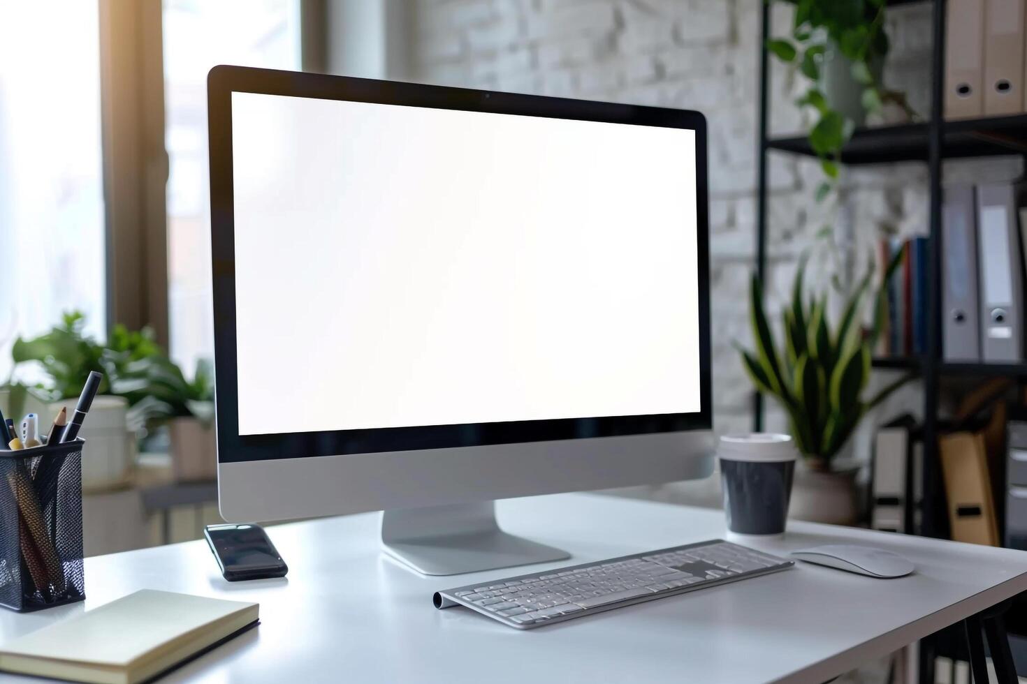 Desk with Computer Mockup and Study Materials Concentrated Workspace Setup Background photo
