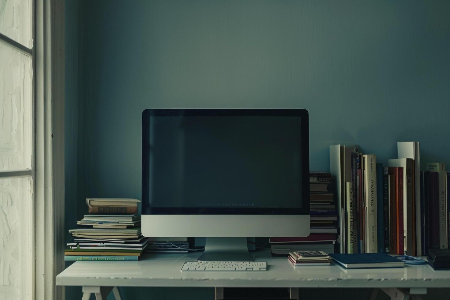 Computer Mockup on White Desk with Books Stacked Beside ed Study Environment photo