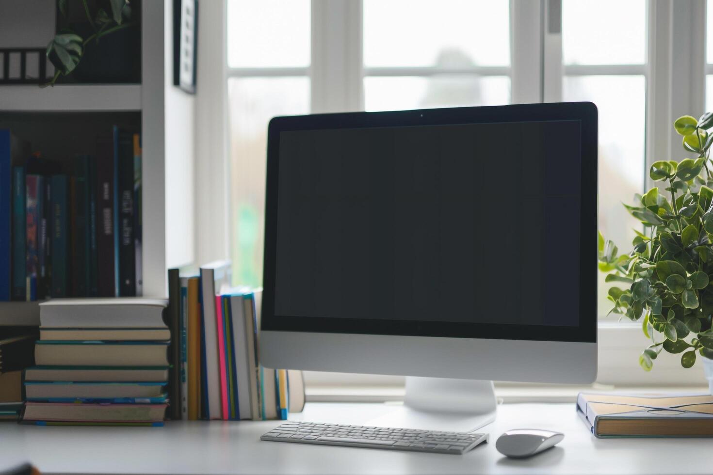 Computer Mockup on White Desk with Stacked Books ed Study Area Background photo