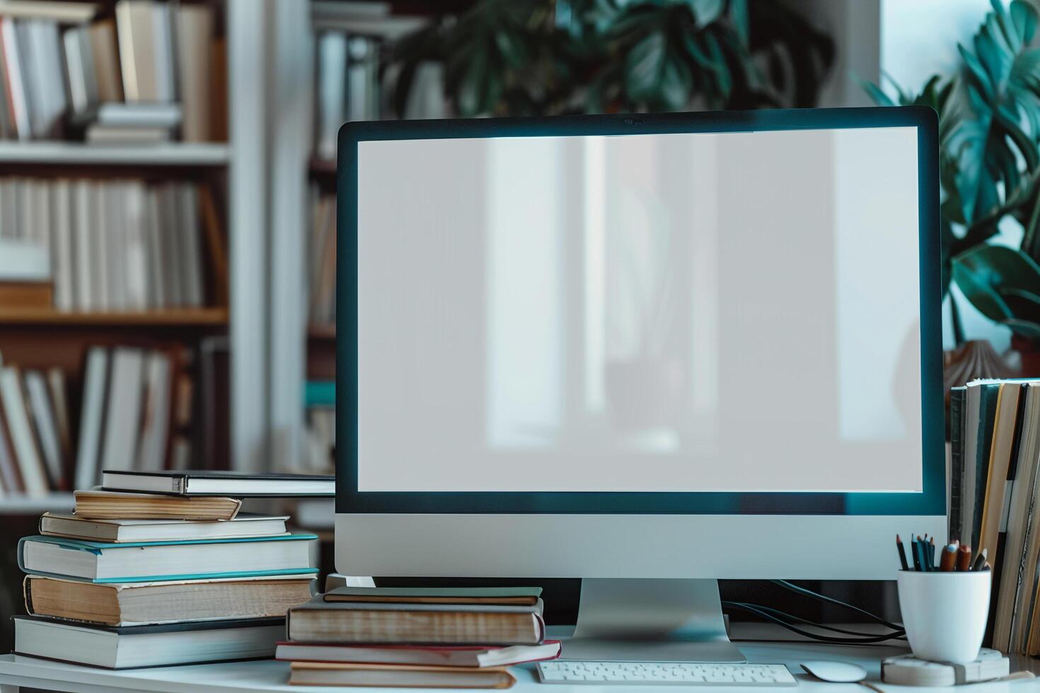 Computer Mockup with Stacked Books on White Desk ed Study Background photo