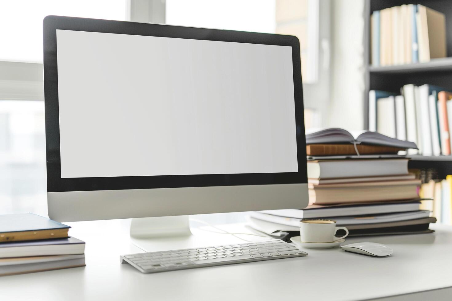 Computer Mockup on White Desk with Books Stacked Beside ed Study Environment photo