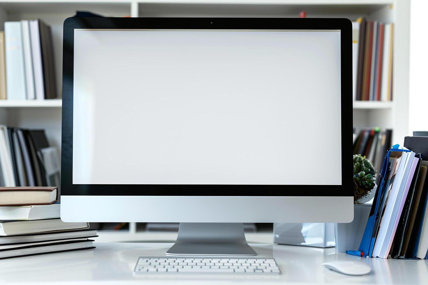 White Desk with Computer Mockup and Stacked Books Concentrated Study Environment photo