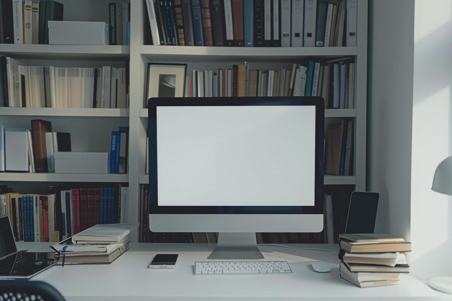 Computer Mockup on White Desk with Books ed Study Area Setup Background photo