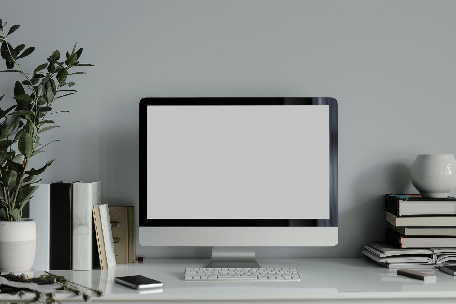Computer Mockup on White Desk with Books Stacked Study Area Background ed photo