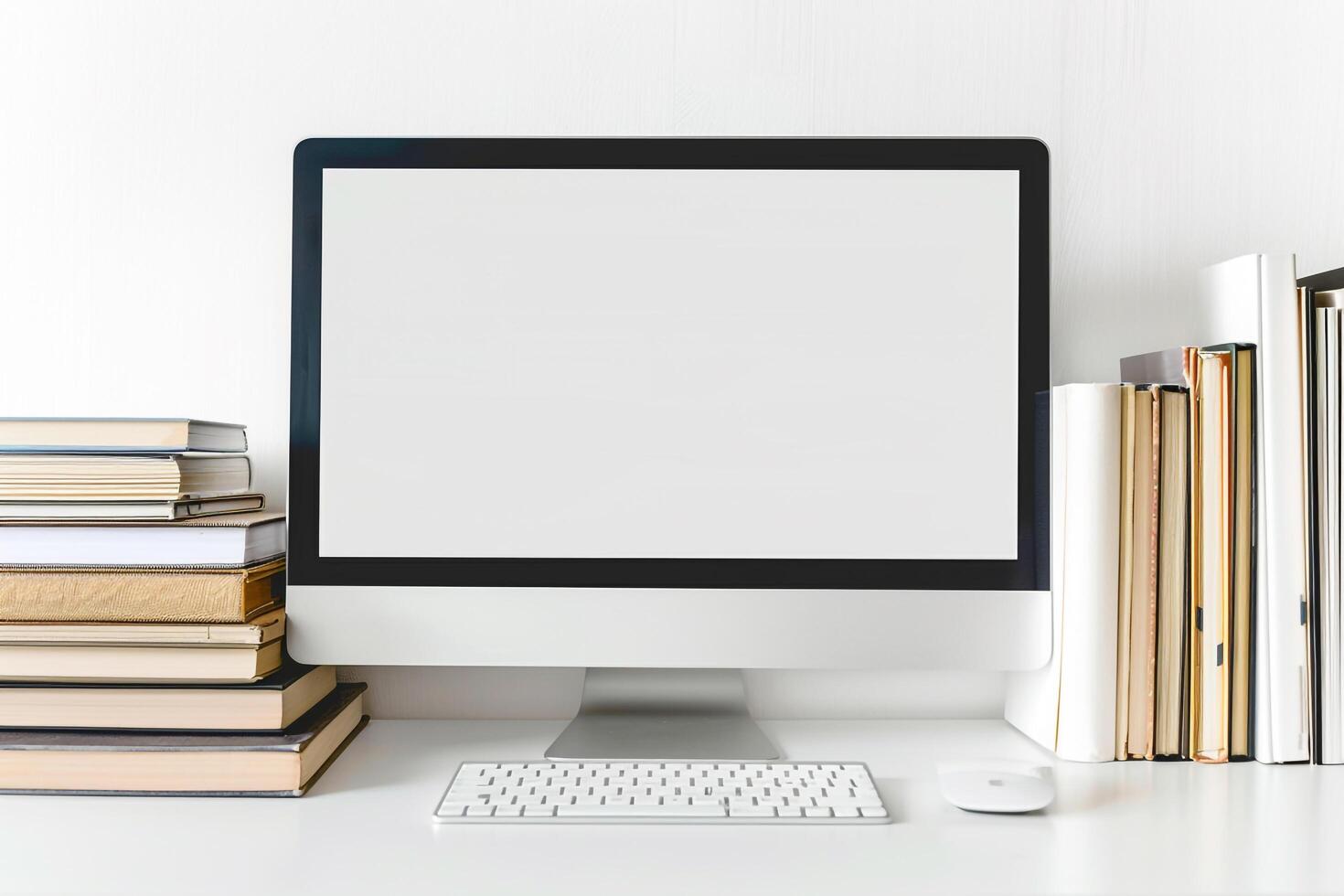 Computer Mockup on White Desk with Stacked Books ed Study Environment Background photo
