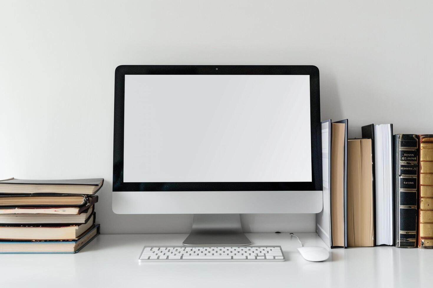 White Desk with Computer Mockup and Stacked Books Study Area ed Background photo