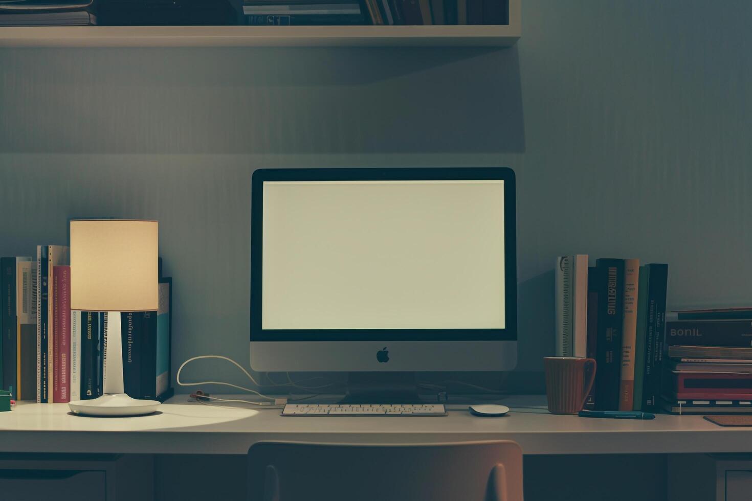 White Desk with Computer Mockup and Books Study Area Background ed photo