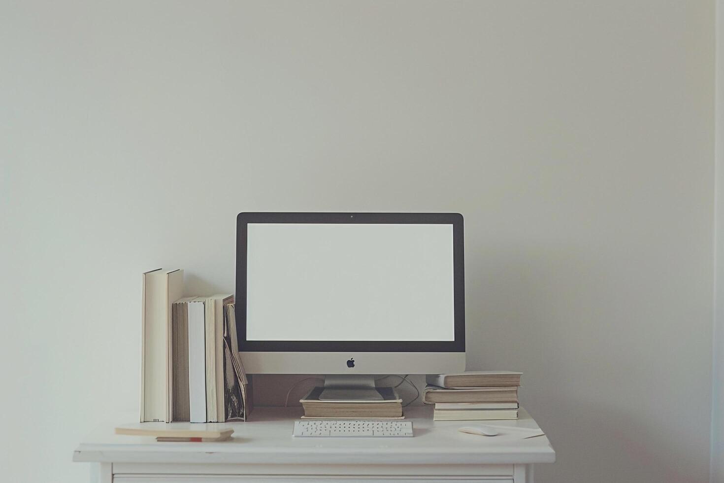 Computer Mockup on White Desk with Books Study Area ed Background photo