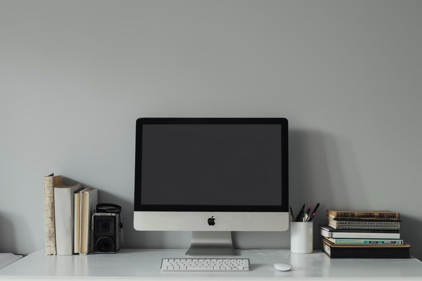 White Desk with Computer Mockup and Books Study Area Background photo