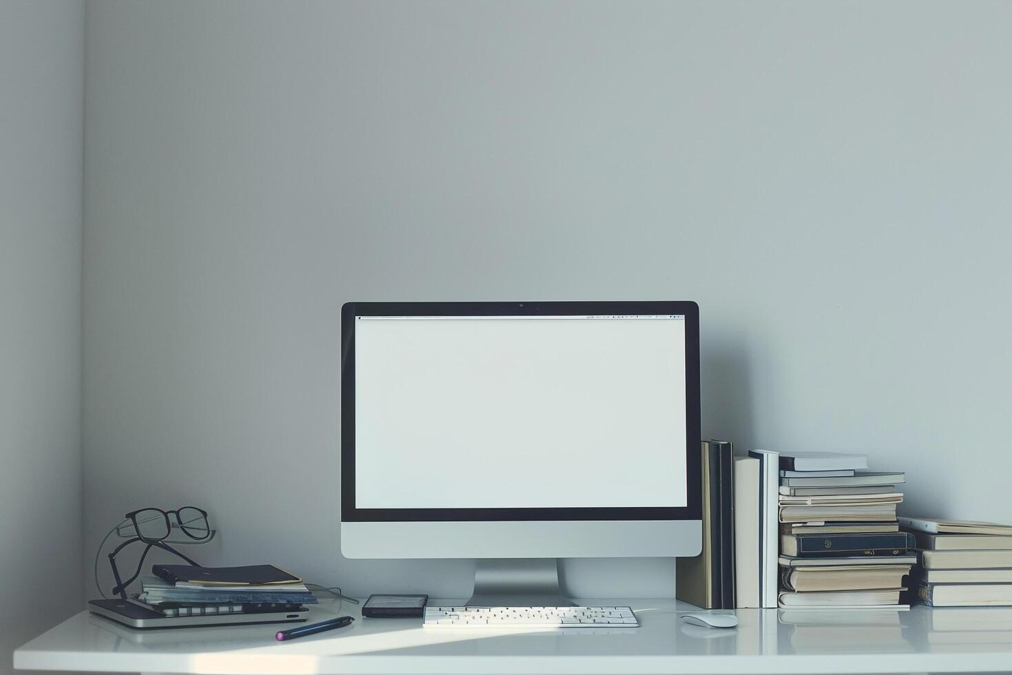White Desk with Computer Mockup and Books ed Study Area Setup photo
