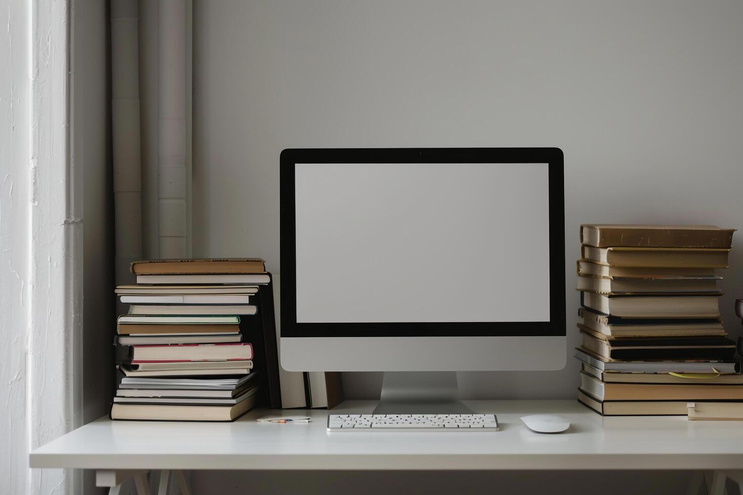 Computer Mockup on White Desk with Stacked Books ed Study Area Background photo