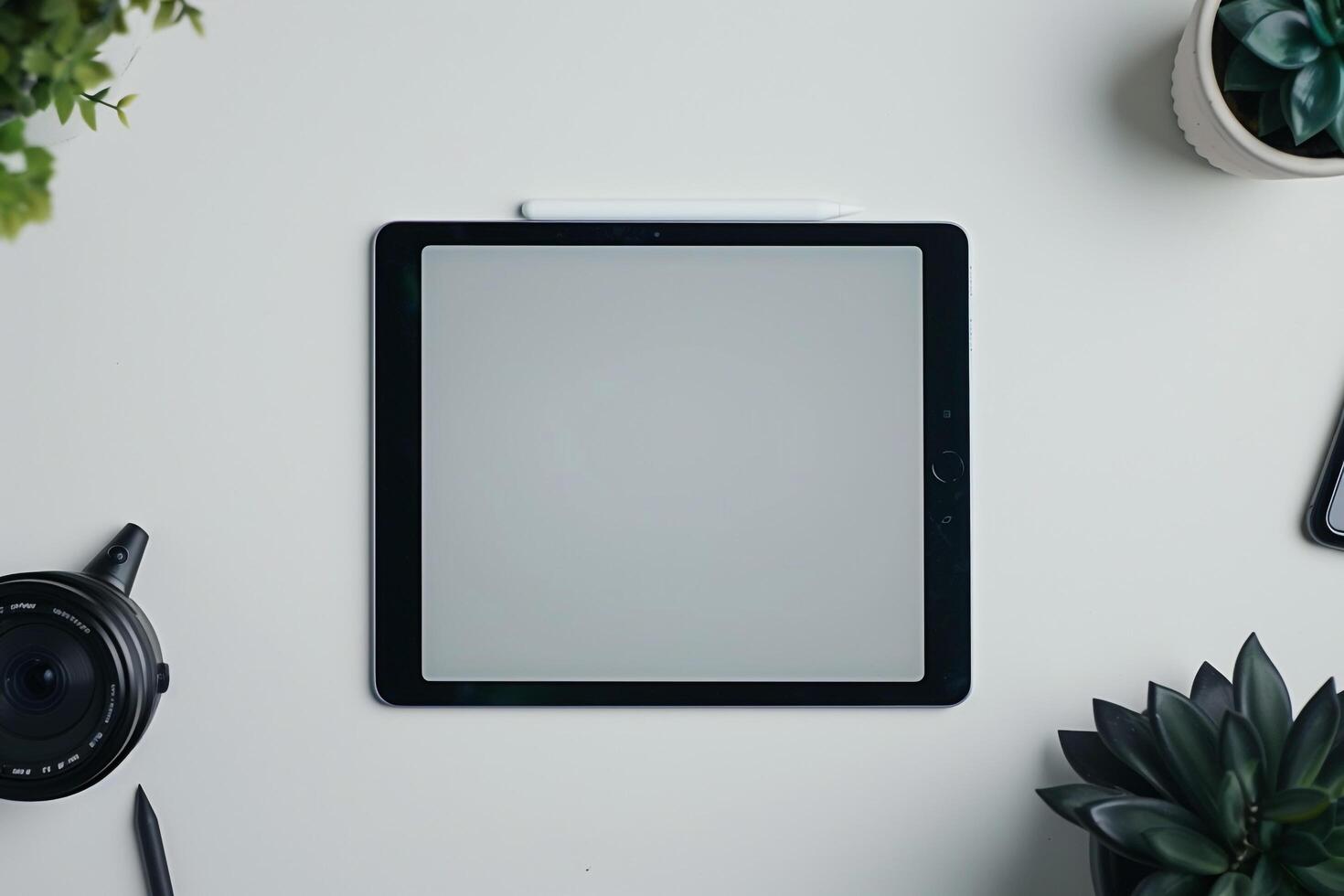 Tablet Positioned on Desktop Setup with Office Decor photo