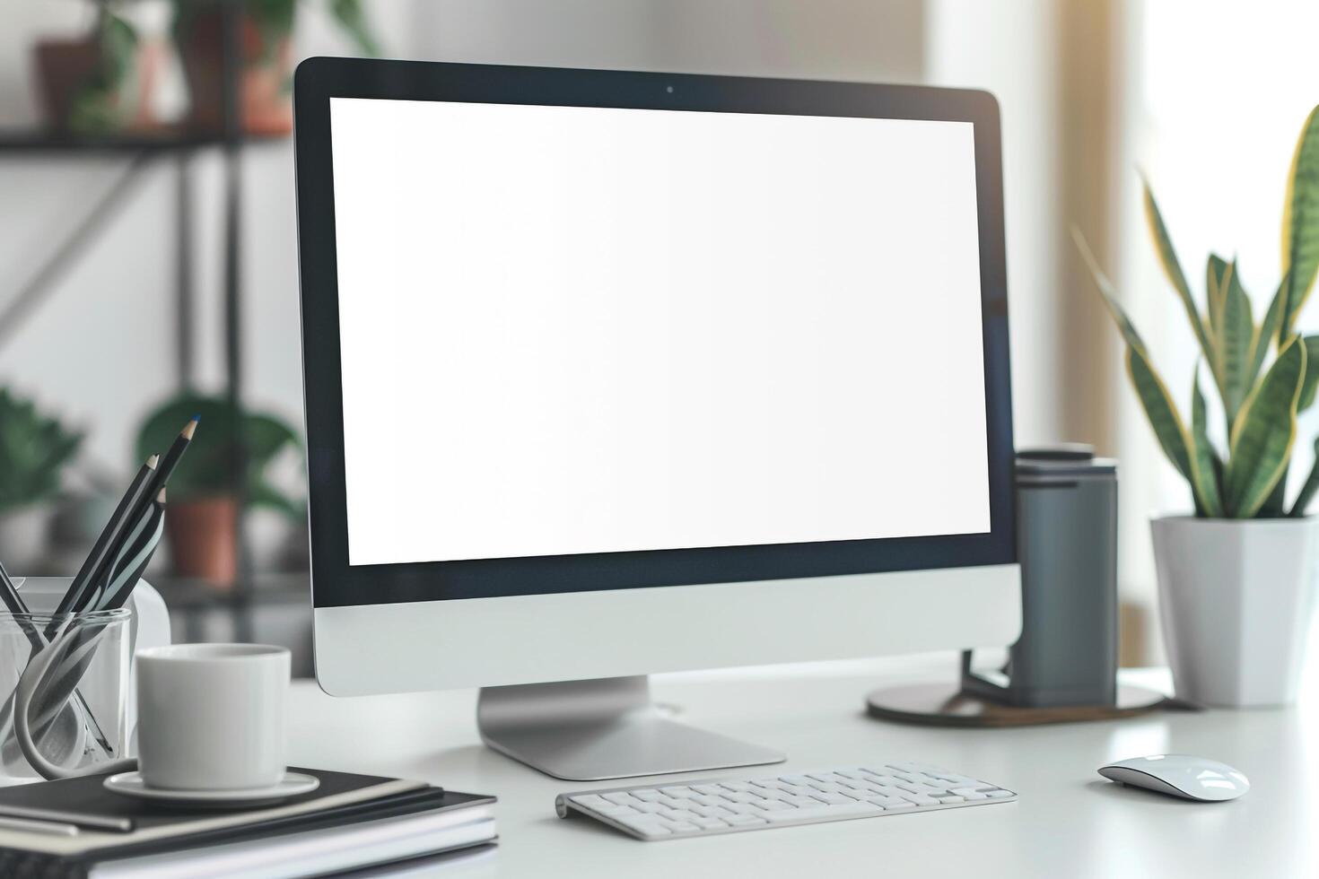 Computer Mockup Background on White Desk with Writing Materials photo