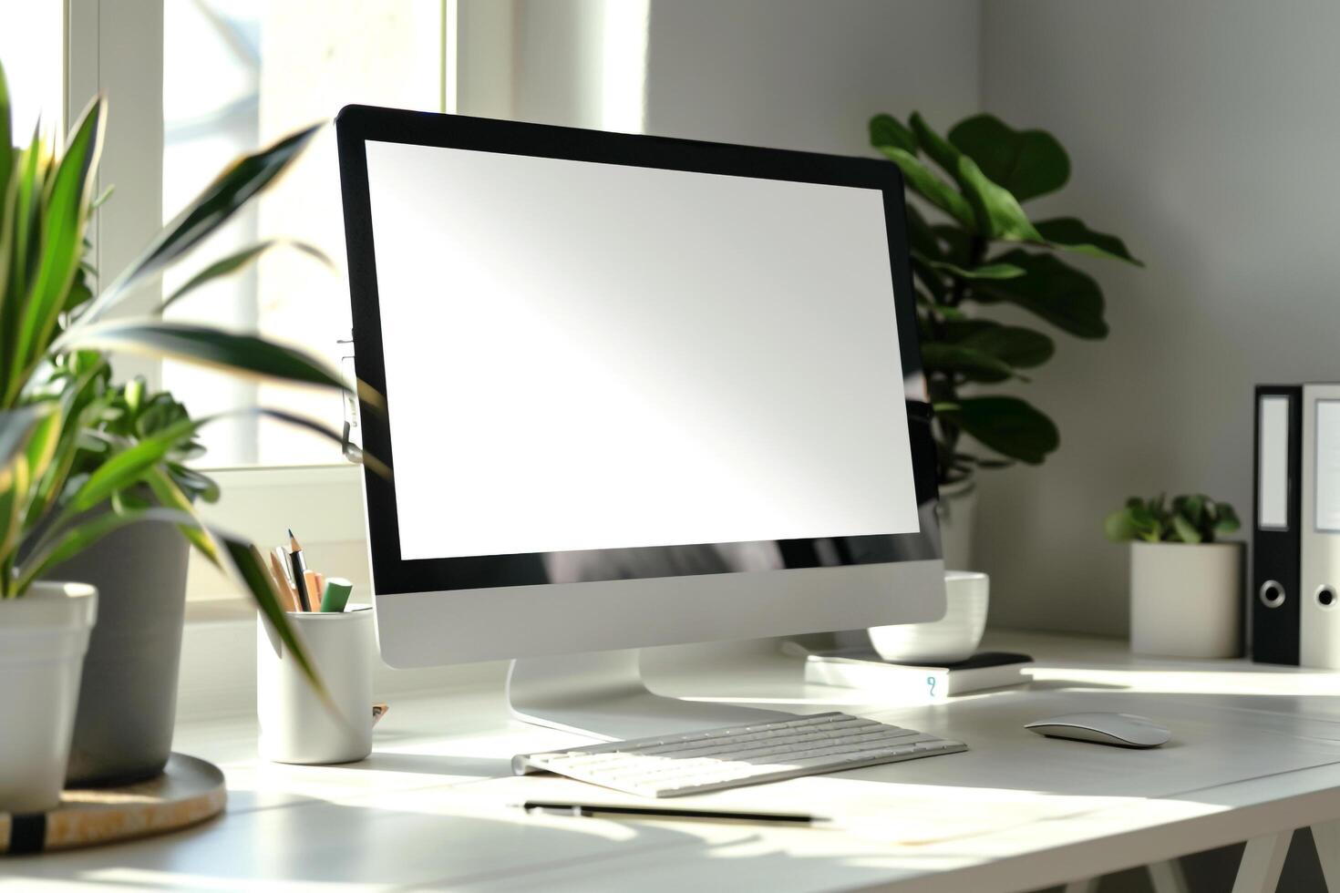 Computer Mockup Background on White Desk with Writing Materials photo