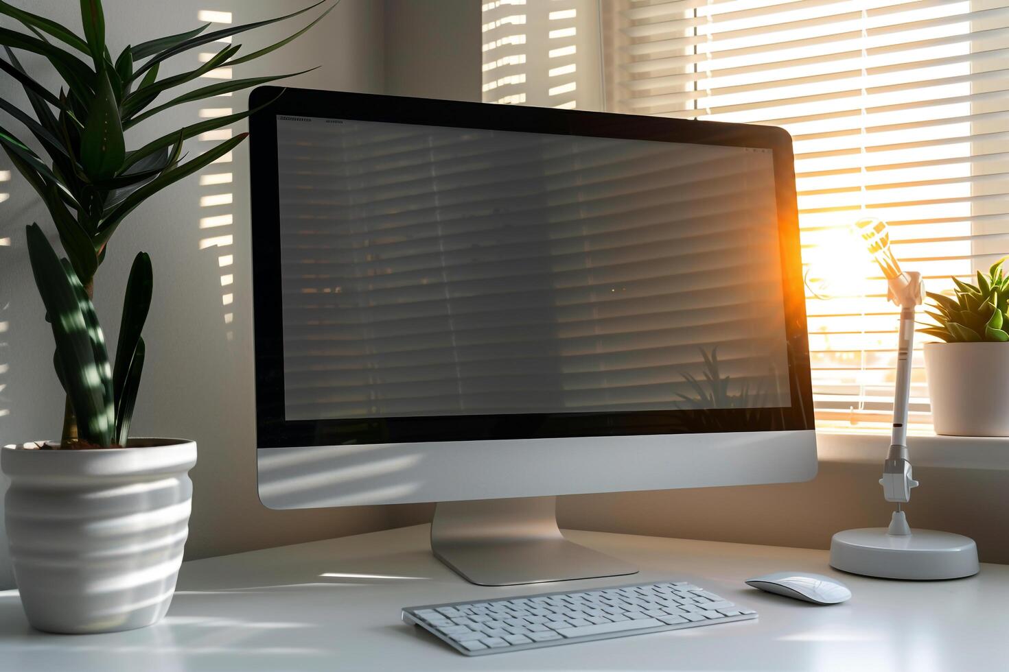 Computer Mockup Background on White Desk with Writing Materials photo