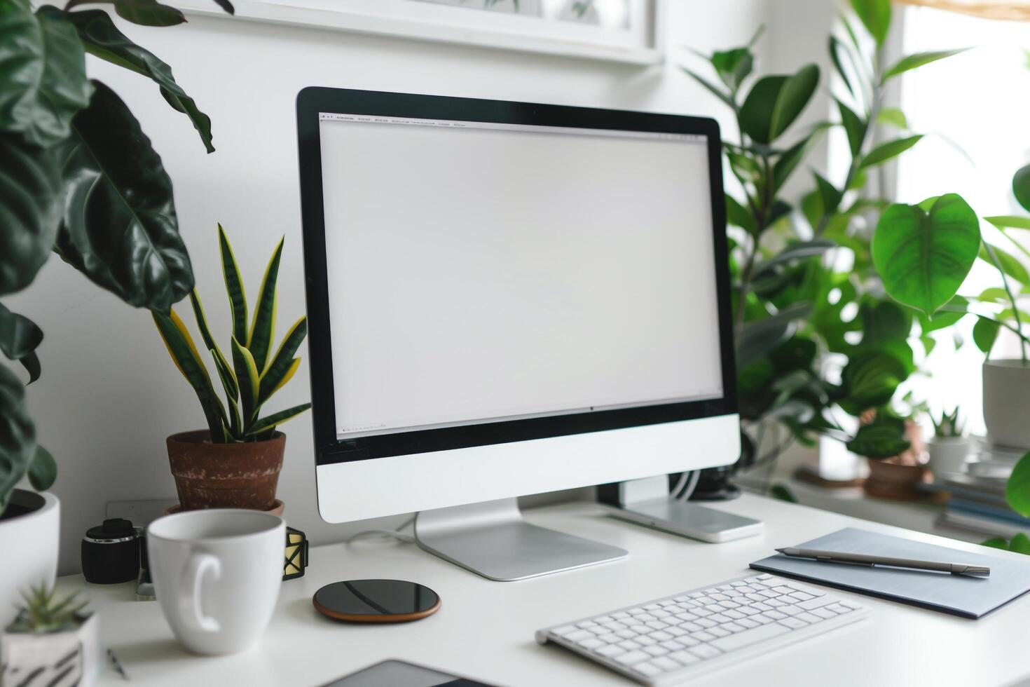 Computer Mockup Background on White Desk with Writing Items photo