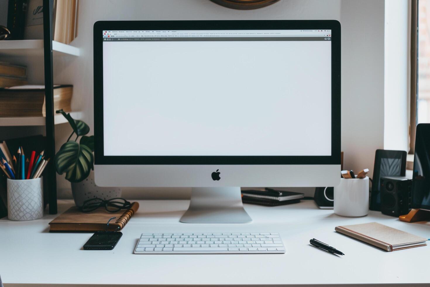 Computer Mockup Background on White Desk with Writing Gear photo