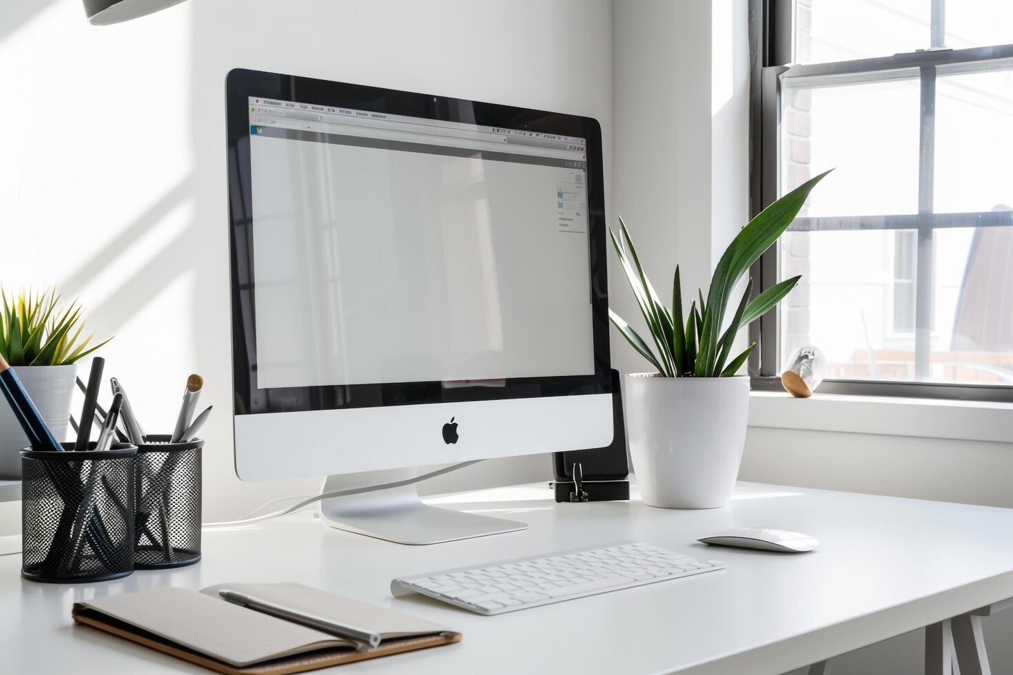 Computer Mockup Background on White Desk with Writing Essentials photo