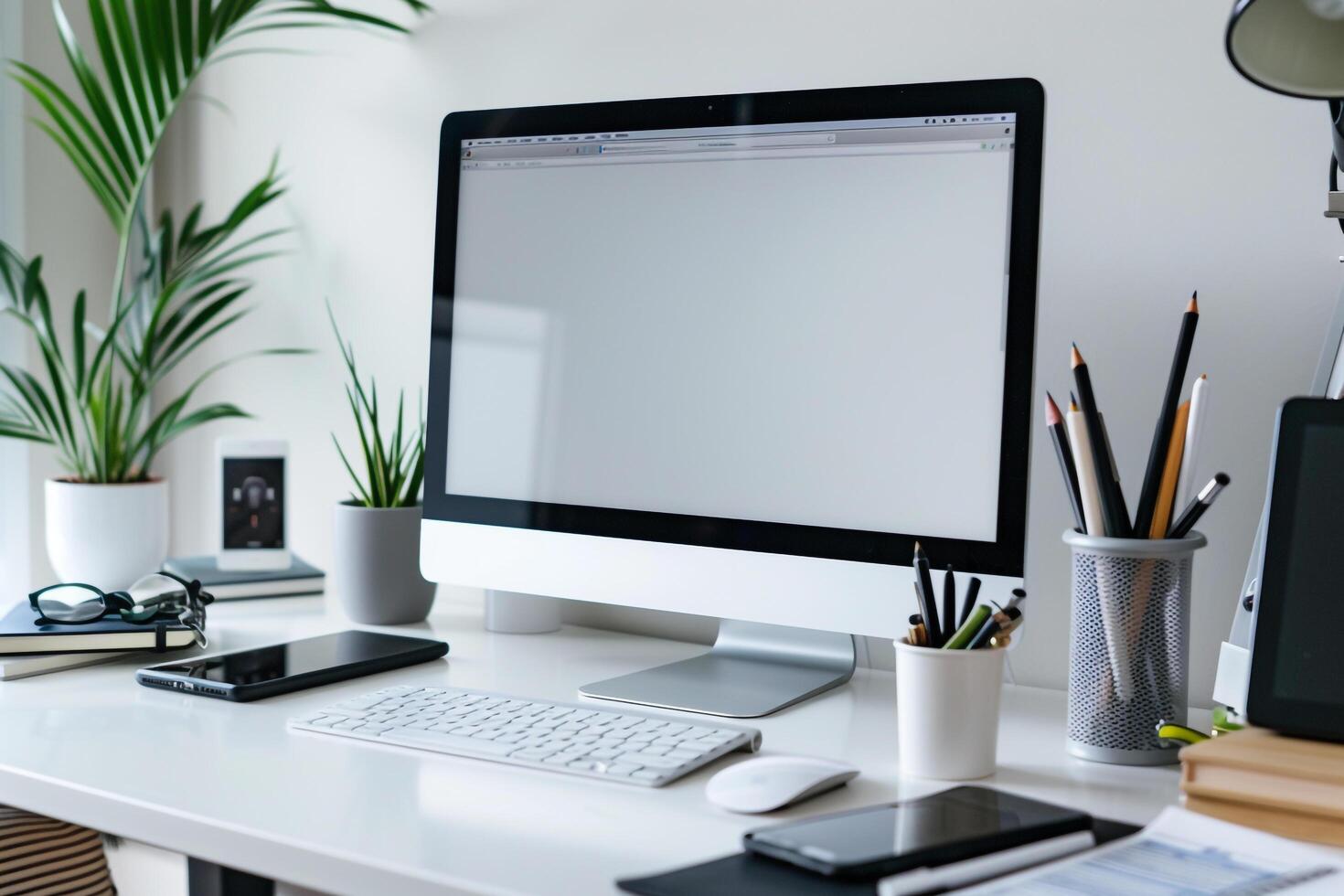 Computer Mockup Background on White Desk with Writing s photo