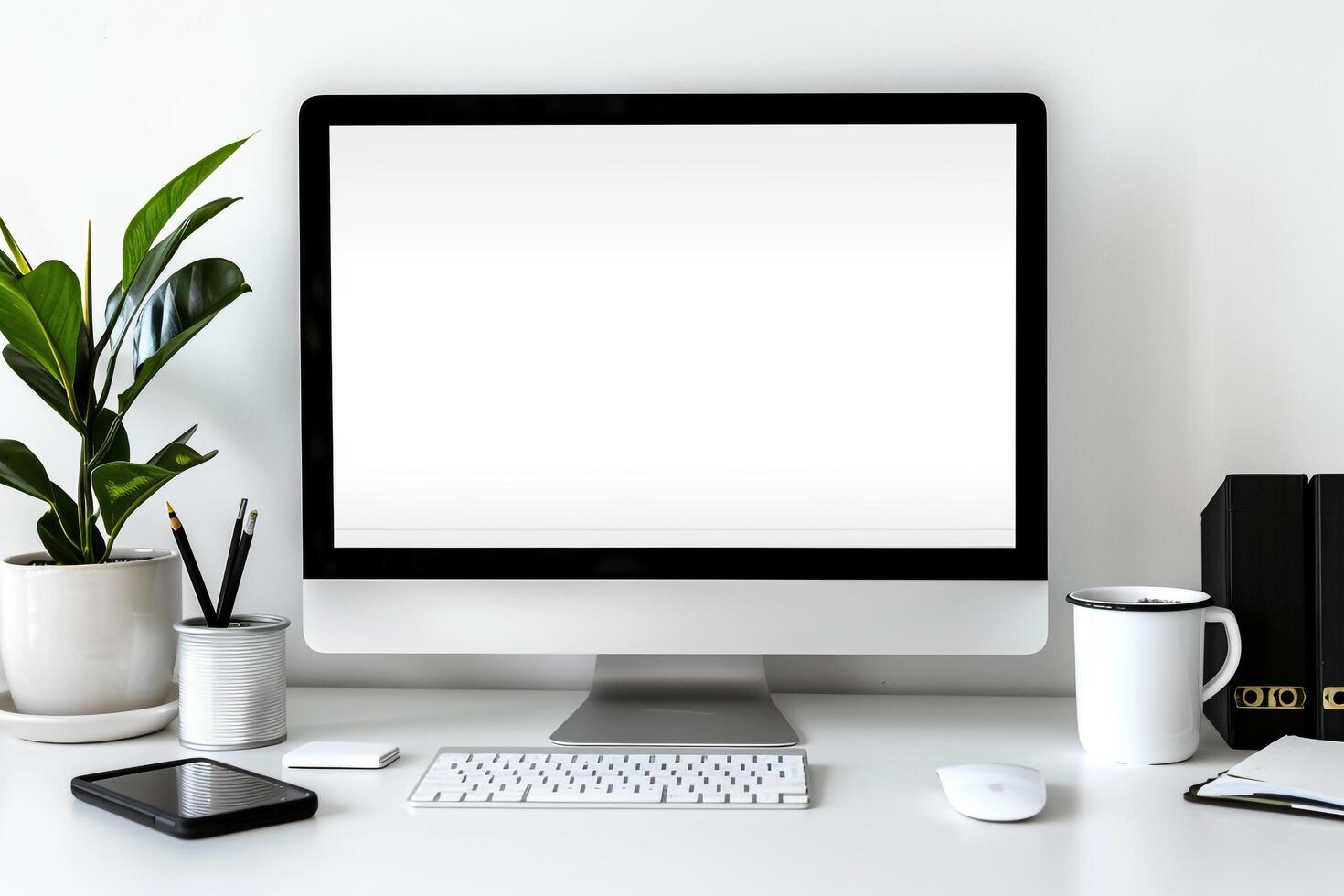 Computer Mockup with Writing Materials on White Desk photo