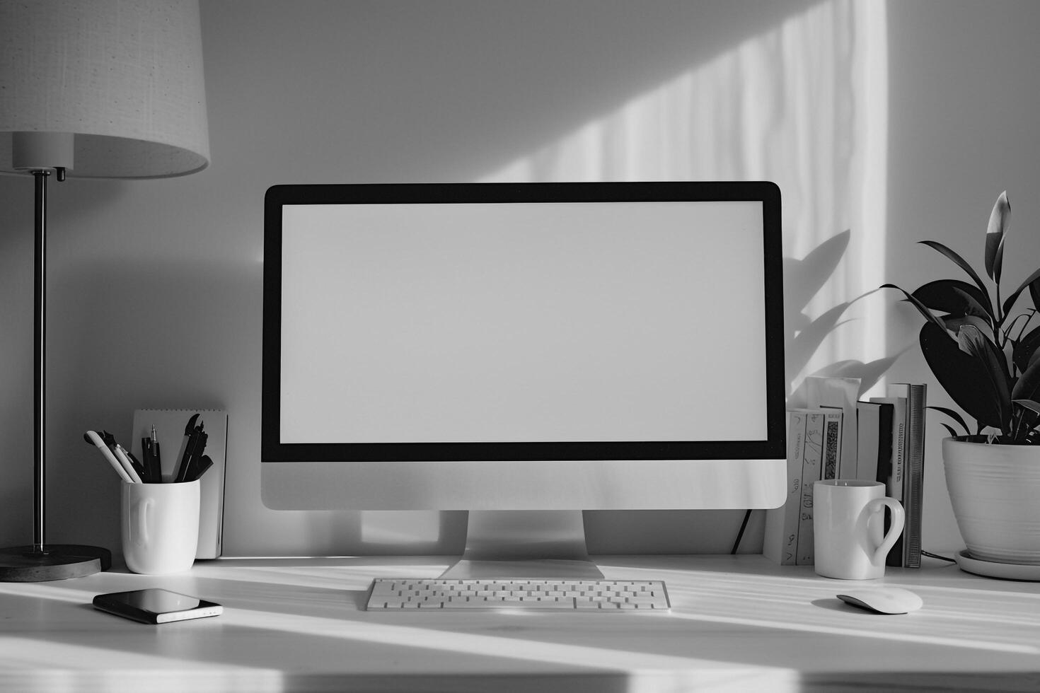 Computer Mockup on White Desk with Writing Materials photo