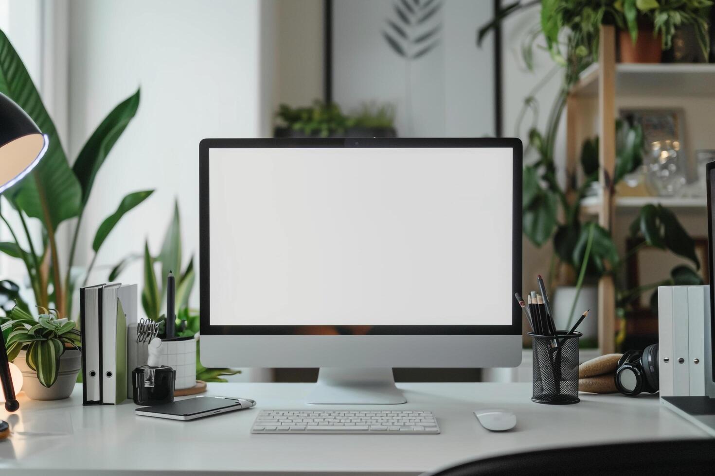 Computer Mockup with Desk Writing Materials on White Background photo