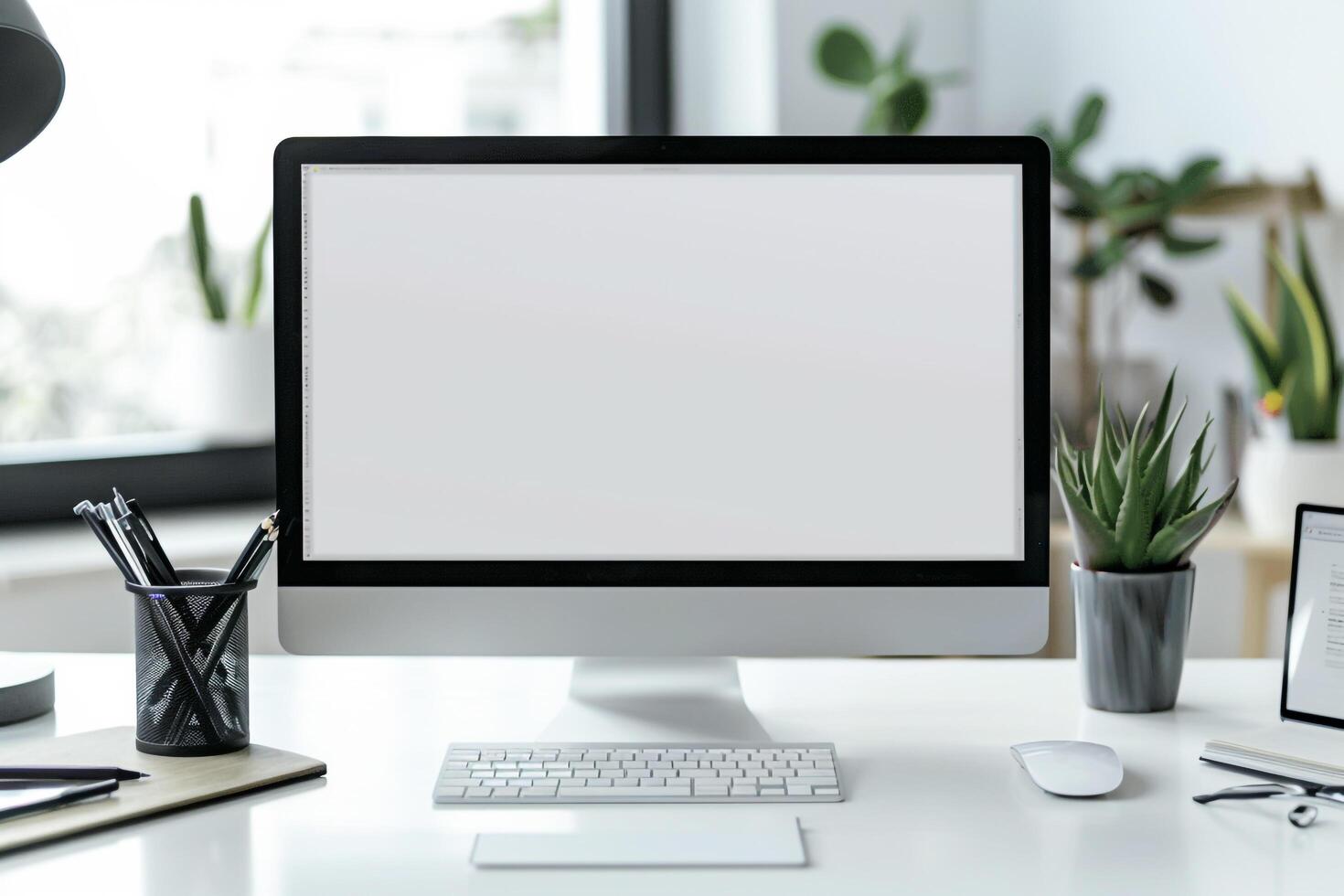 Computer Mockup with Writing Materials on a White Desk Setup photo