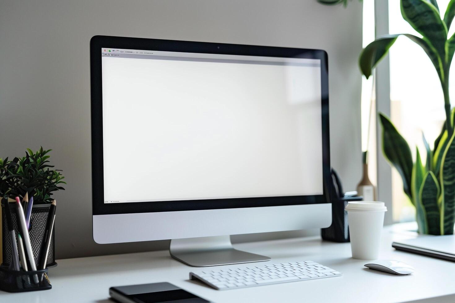 Computer Mockup on White Desk with Writing Materials and Office Supplies photo