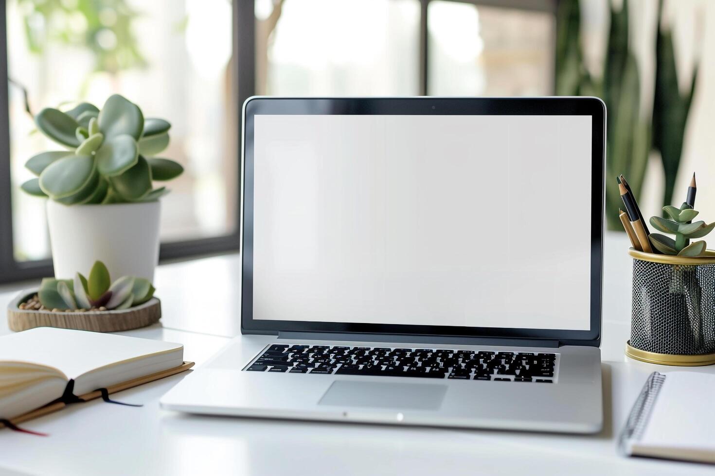 White Desk Laptop Mockup with Open Notebook and Writing Materials photo