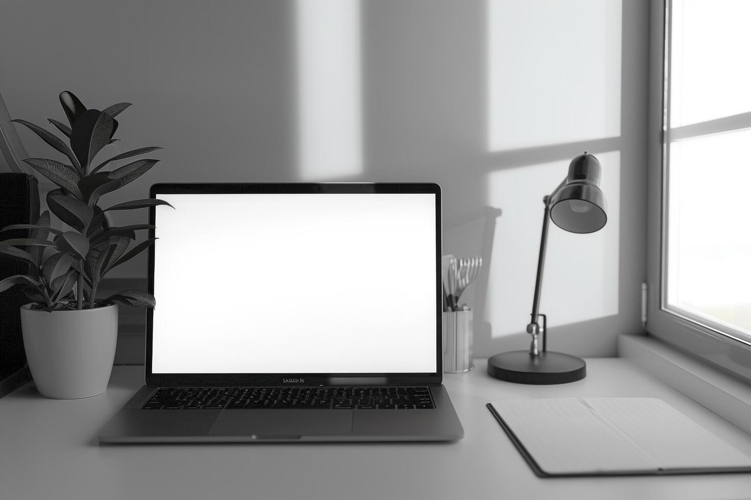 Laptop Mockup with Blank Notebook Open on White Desk photo