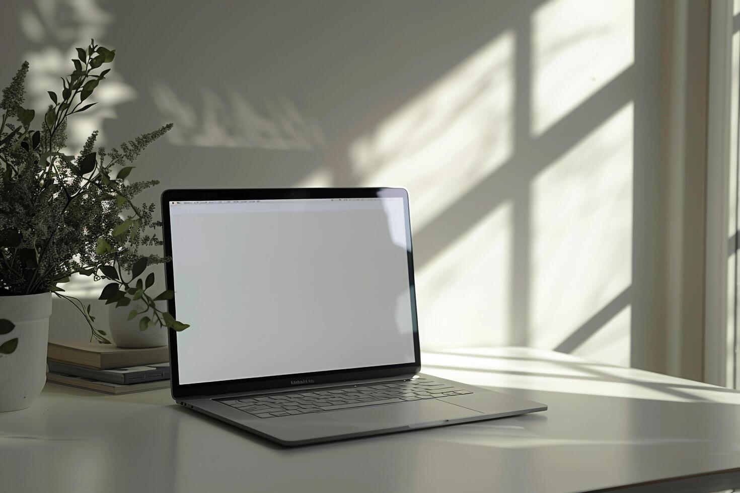Laptop Mockup with Blank Notebook Open on White Desk photo