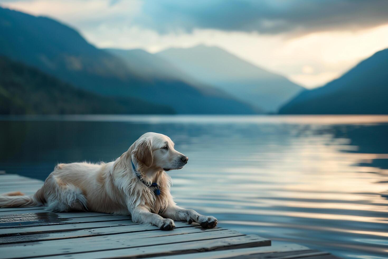 Dog Lounging on Dock by Tranquil Lake with Mountains in the Distance photo