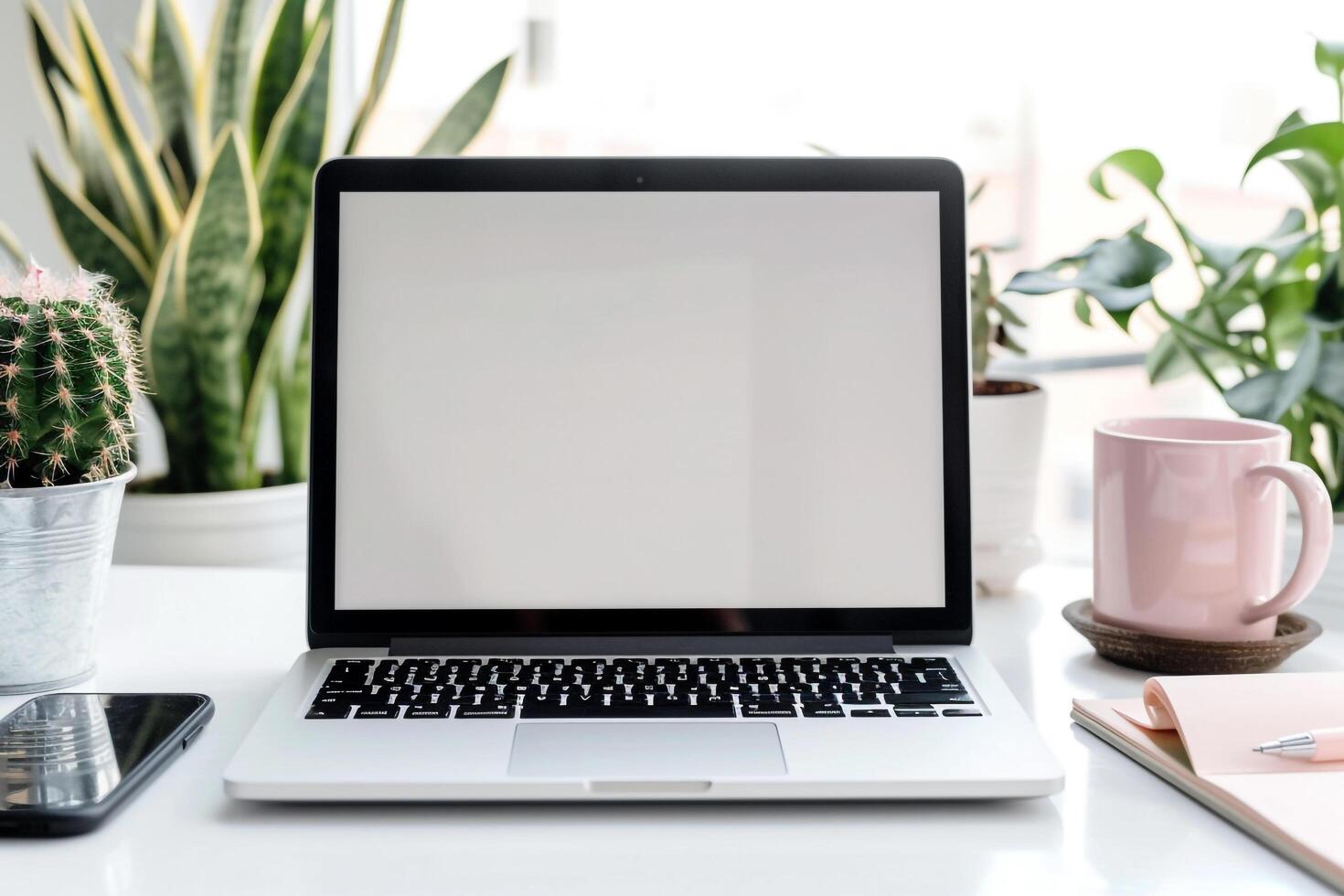 Laptop Mockup with Blank Notebook Open on White Desk photo