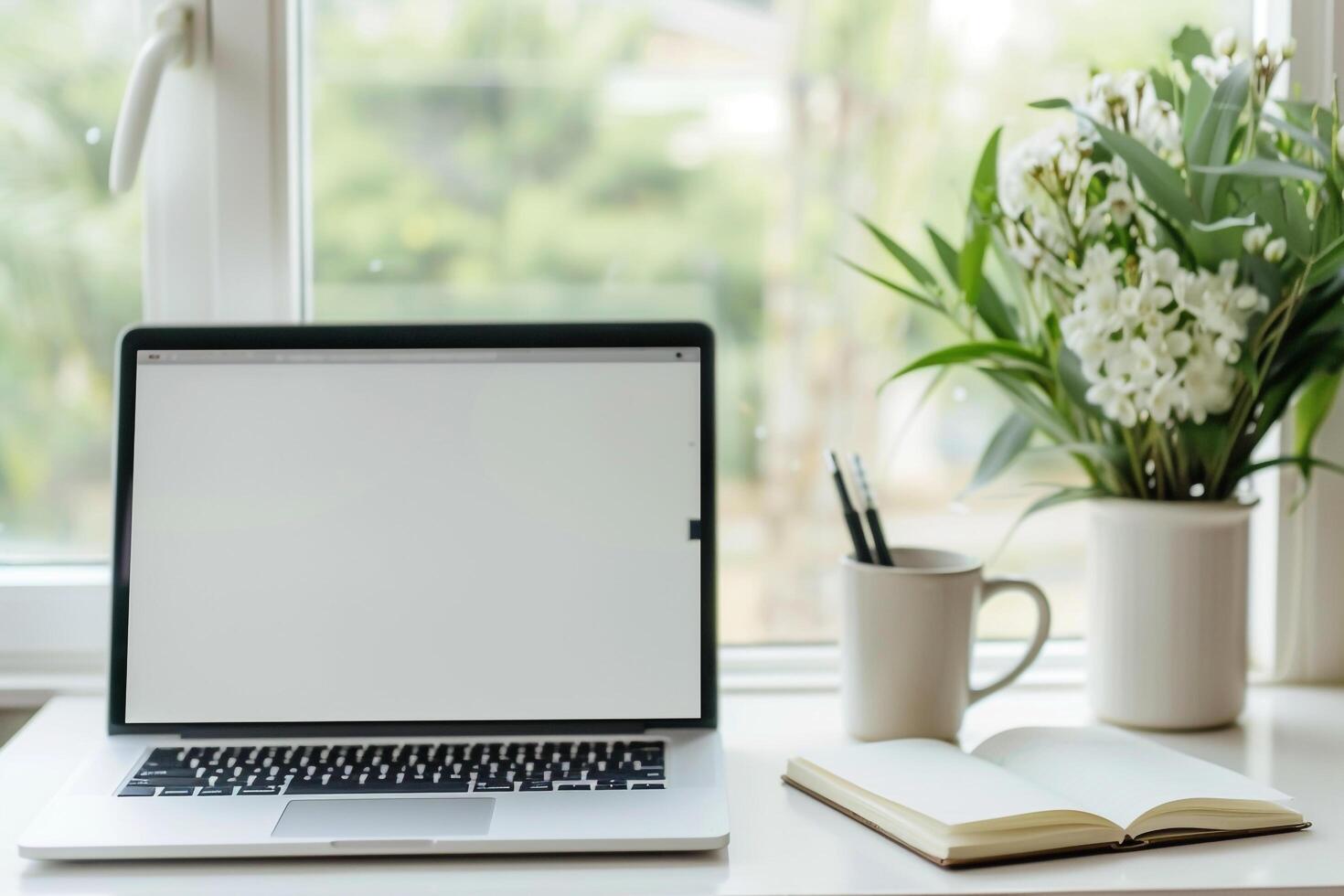 Laptop Mockup with Blank Notebook Open on White Desk photo