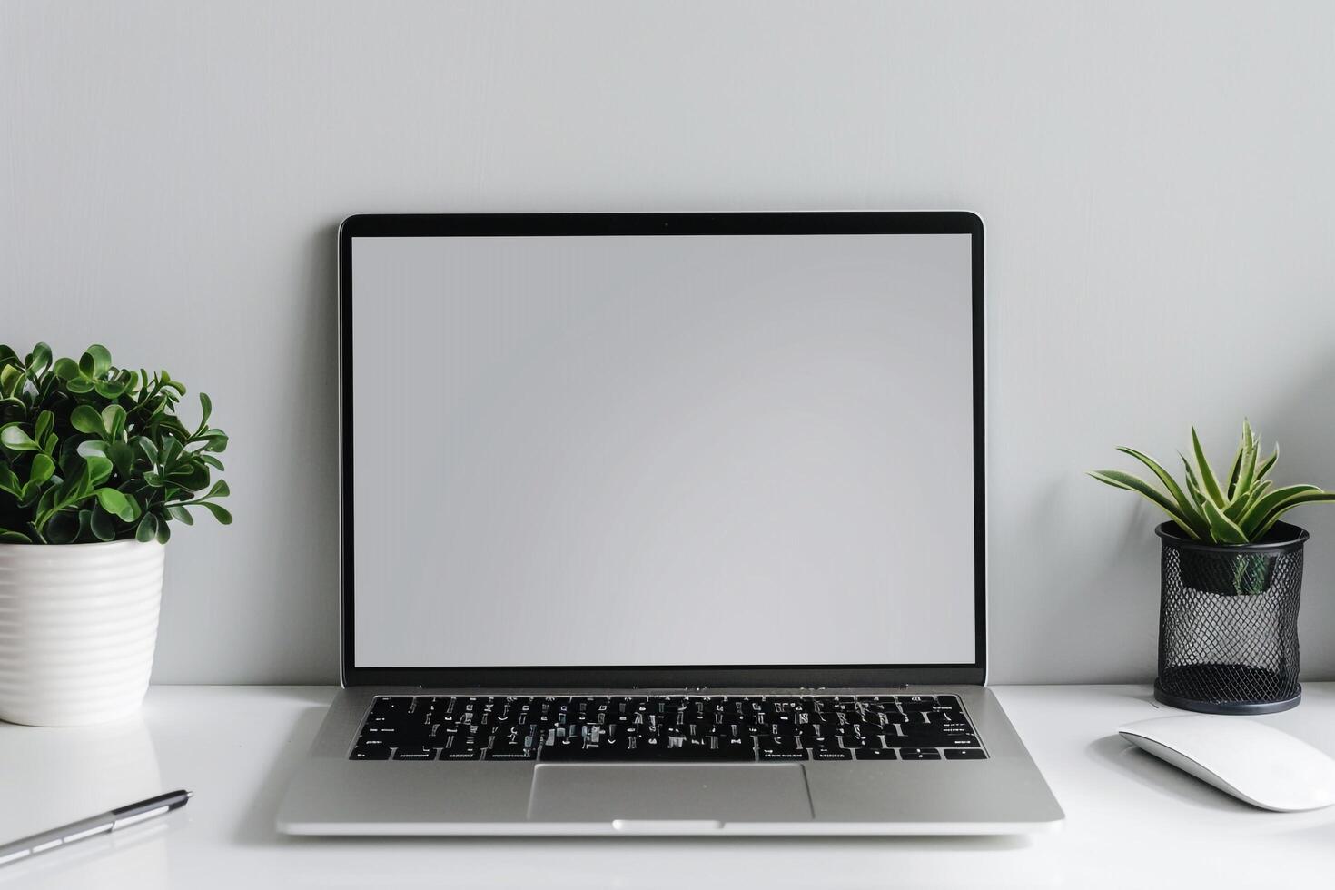 Laptop Mockup with White Desk and Open Notebook for   Writing Setup photo