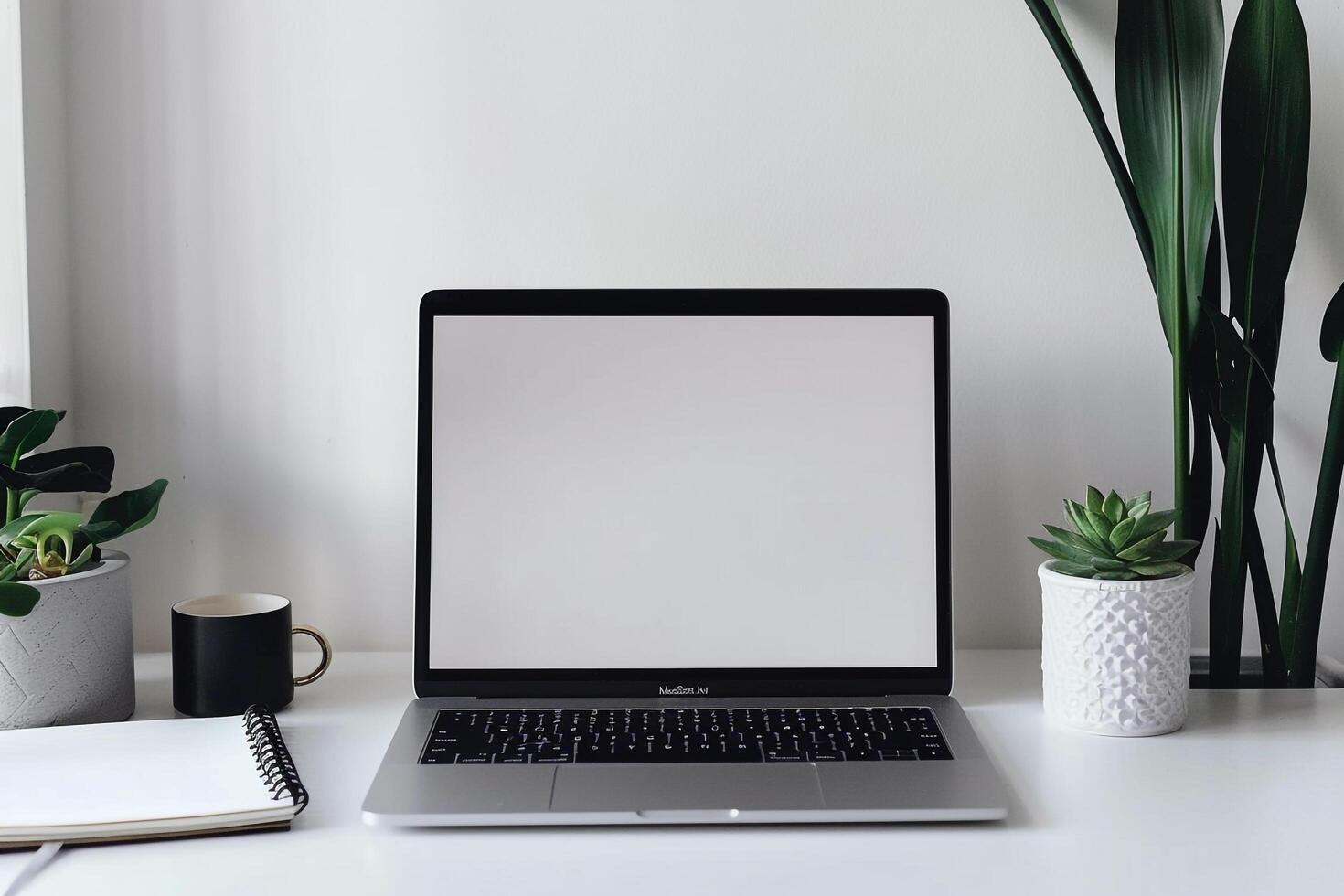 Work Setup with Laptop Mockup and Open Notebook on White Desk Background photo