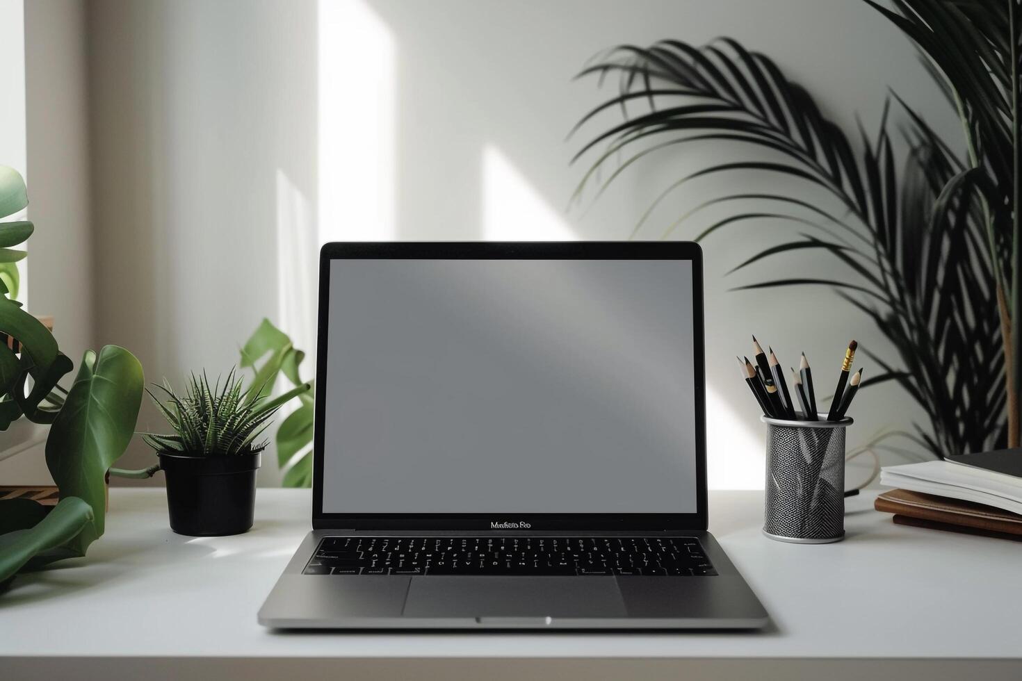 Open Notebook and Laptop Mockup on White Desk for   Writing and Work Setup photo
