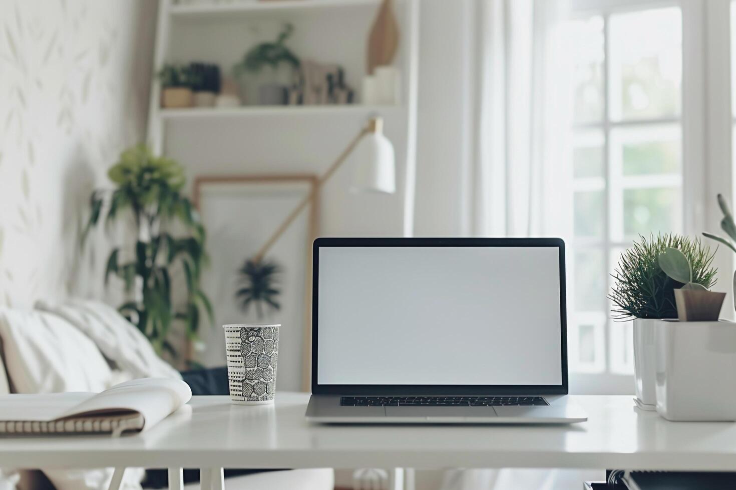 White Desk with Laptop Mockup and Open Notebook for   Writing Setup photo