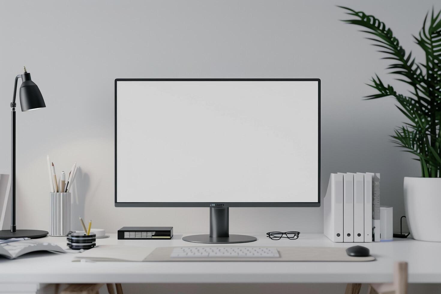 Computer Mockup Featuring Notebooks and Pens on White Desk for Writing and Editing photo