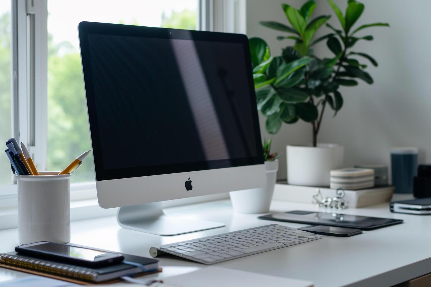 Computer Mockup with Notebooks and Pens on White Desk for Effective Writing and Editing photo